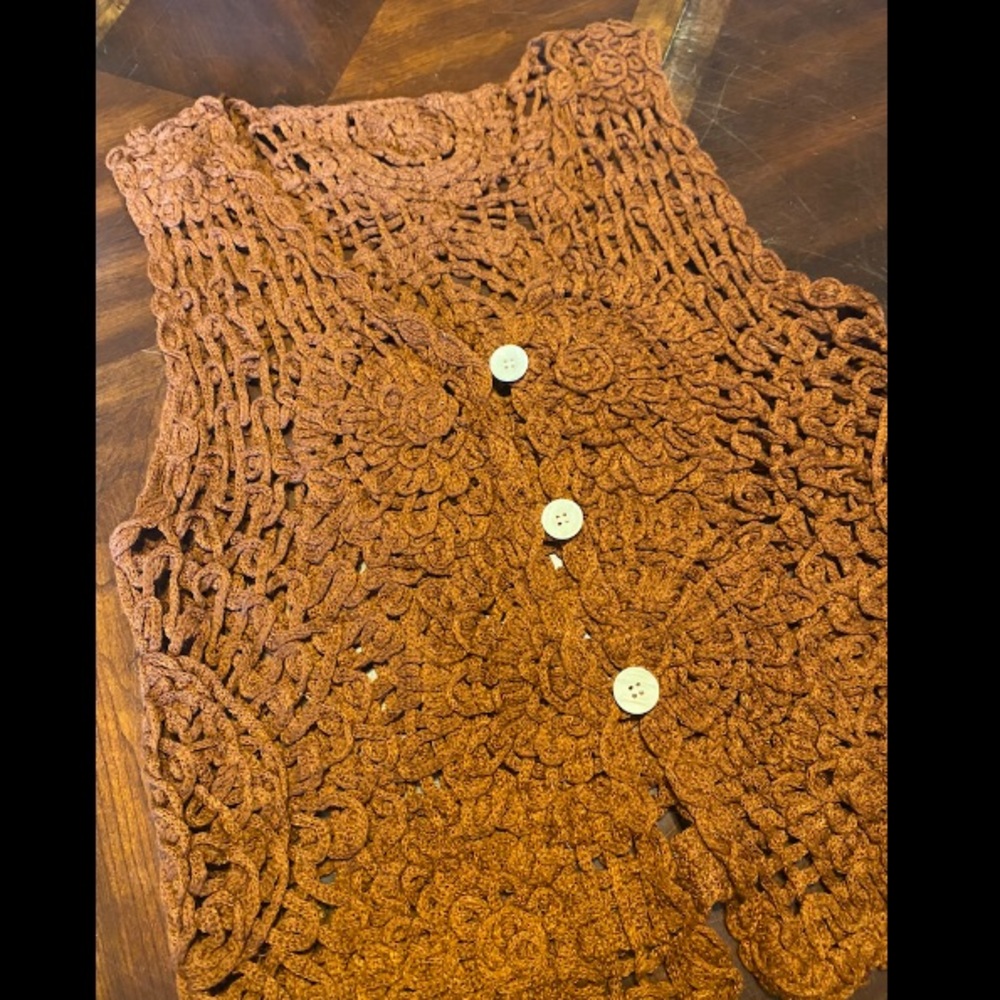Handmade Crochet Button-Front Cardigan Vest - Rust